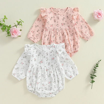 Adorable Baby Girls Floral Print Long Sleeve Romper with Ruffles for Autumn and Fall