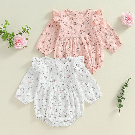 Adorable Baby Girls Floral Print Long Sleeve Romper with Ruffles for Autumn and Fall