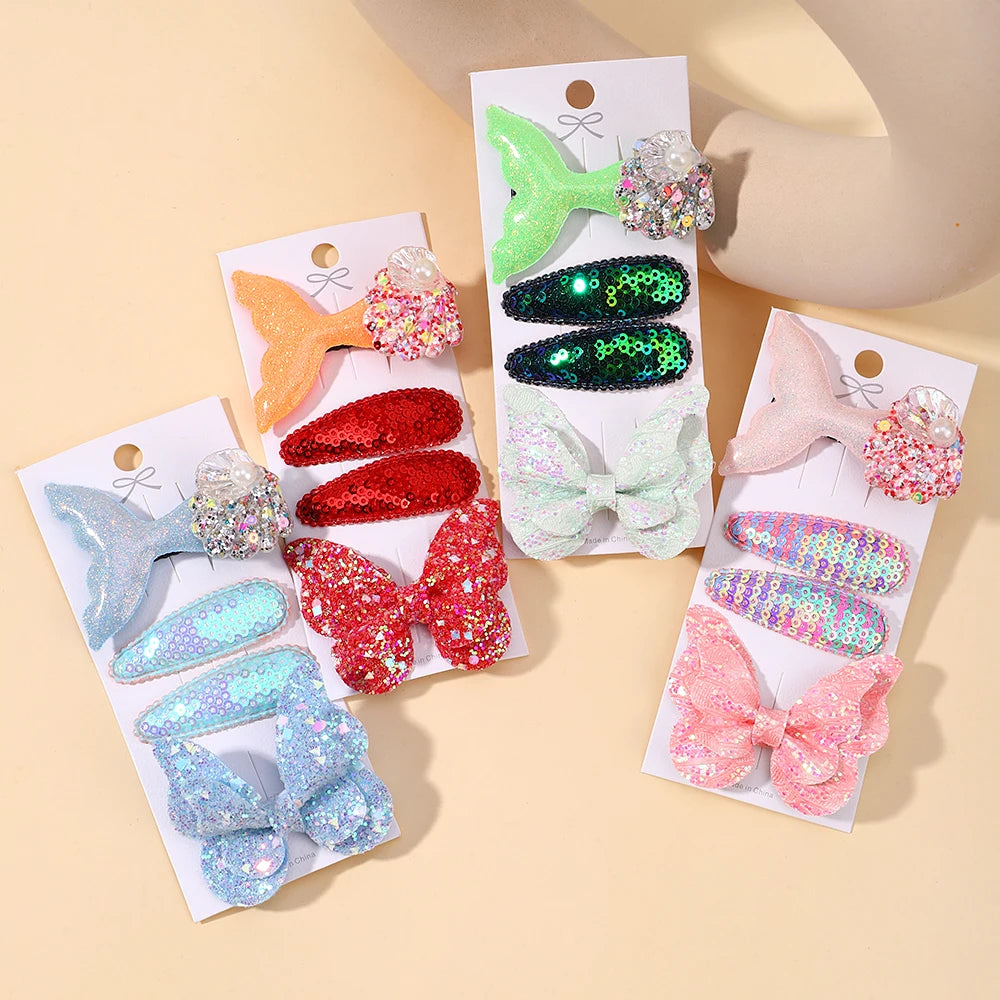 4-Piece Set of Sequin Fish Tail and Butterfly Hairpins for Girls - Kids' Barrettes and Hair Clips, Perfect Baby Accessories and Gift