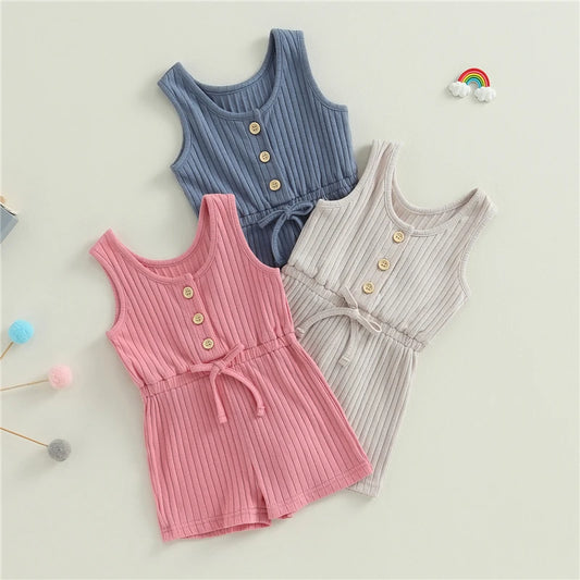 Toddler Summer Solid Color Ribbed Sleeveless Jumpsuit Playsuit for Baby Girls and Boys
