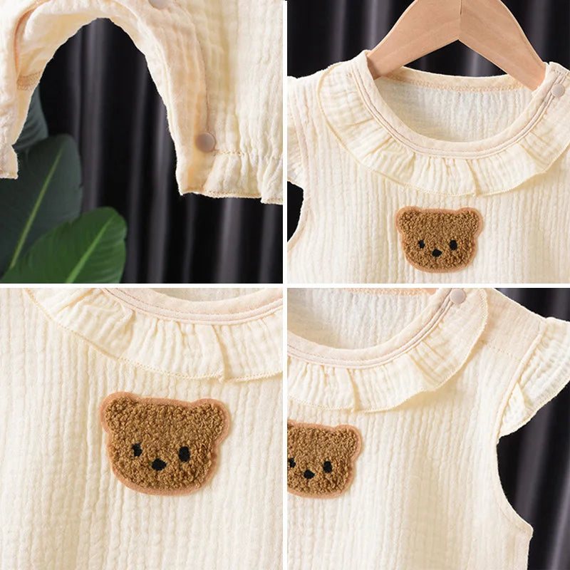 Summer Baby Cartoon Bear Romper and Hat Set for Boys and Girls - 0-24 Months Muslin Jumpsuit with Flying Sleeves