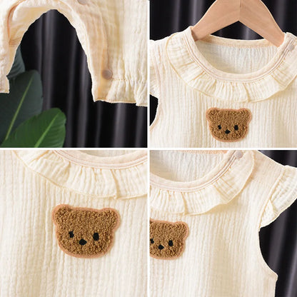 Summer Baby Cartoon Bear Romper and Hat Set for Boys and Girls - 0-24 Months Muslin Jumpsuit with Flying Sleeves