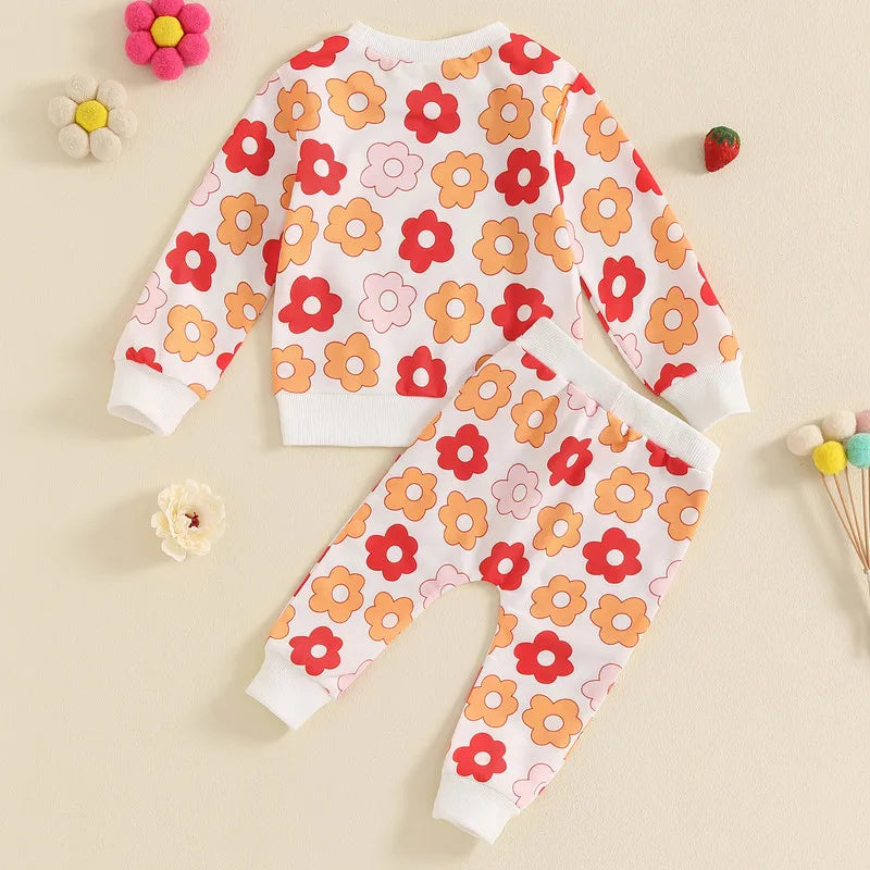 Toddler Girls' Floral Print Autumn Outfit Set with Long Sleeve Sweatshirt and Pants - 2-Piece Clothing Ensemble