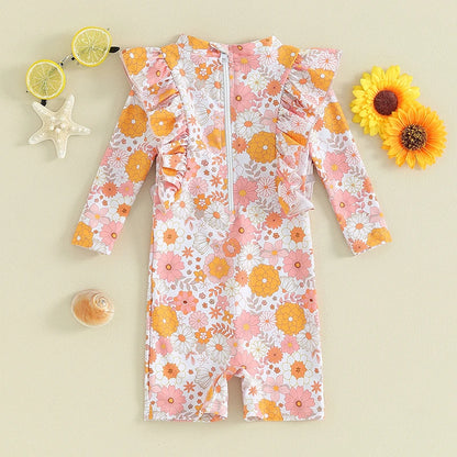 Toddler Girls' Summer Floral Ruffle One-Piece Swimsuit with Long Sleeves and Jumpsuit Style