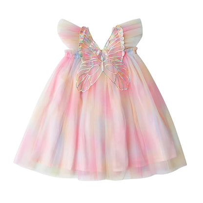 Toddler Girls' Summer Princess Dress with Rainbow Wings and Mesh Sleeves for Birthday Celebrations