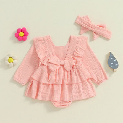 Adorable Baby Girls' Long Sleeve Ruffled Romper with Headband - Fall Fashion Jumpsuit for Newborns