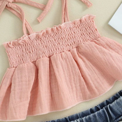 Summer Casual 2-Piece Outfit for Baby Girls: Sleeveless Camisole and Ripped Denim Shorts Set