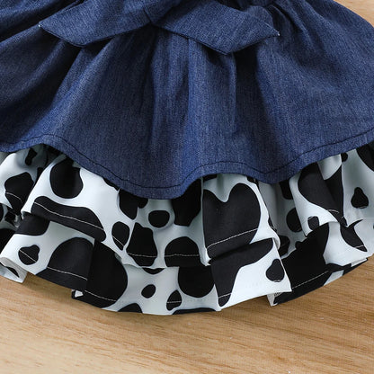 Toddler Girls Summer Outfit Set: Short Sleeve Cow Print Top with Denim Skirt