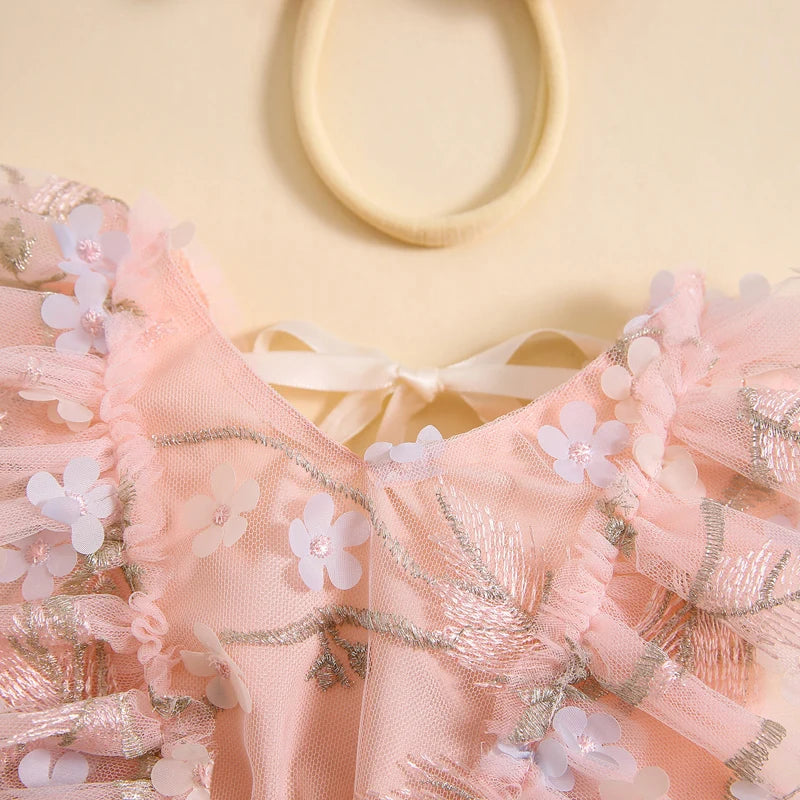 Summer Floral Embroidered Baby Girl Romper Dress Set with Tulle Skirt and Bowknot Headband