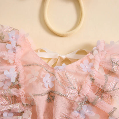 Summer Floral Embroidered Baby Girl Romper Dress Set with Tulle Skirt and Bowknot Headband