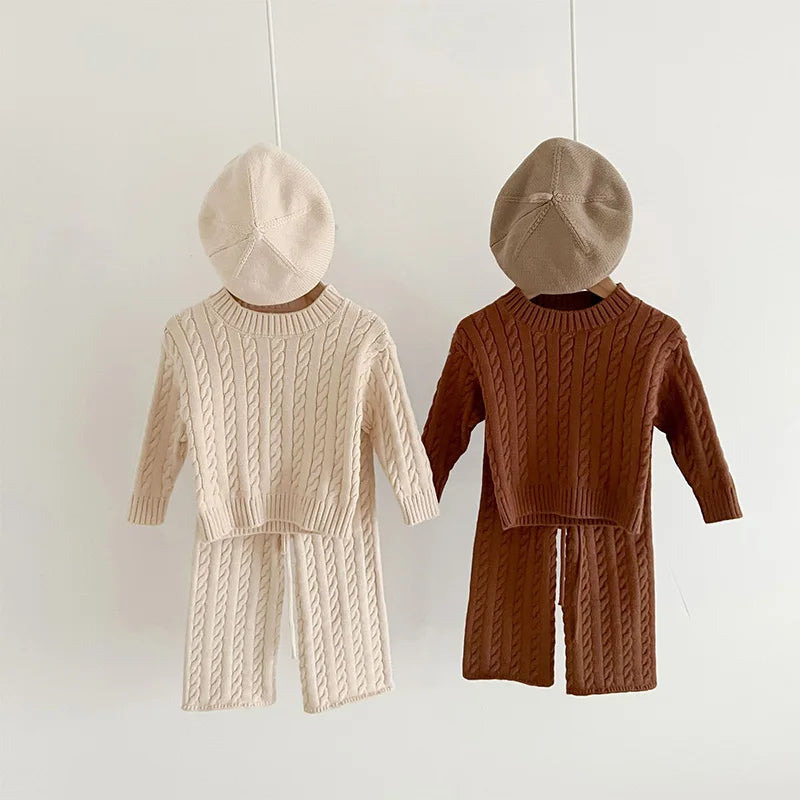 Unisex Cotton Knit Set for Kids - Solid Color Sweater and Pants Outfit for Spring and Autumn