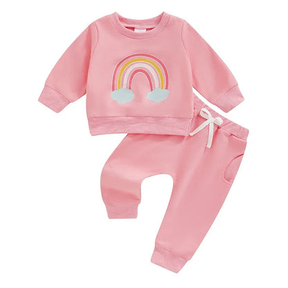 Toddler Girls' Rainbow Print 2-Piece Sweatsuit Set with Long Sleeve Sweatshirt and Pants