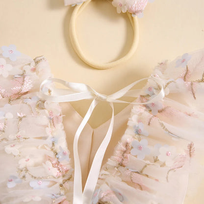 Summer Floral Embroidered Baby Girl Romper Dress Set with Tulle Skirt and Bowknot Headband