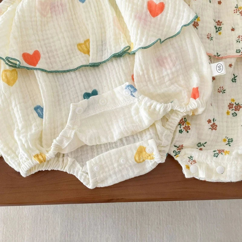 Summer Floral Muslin Baby Romper Set with Hat - Sweet Heart Print Sleeveless Jumpsuit for Newborns and Toddlers