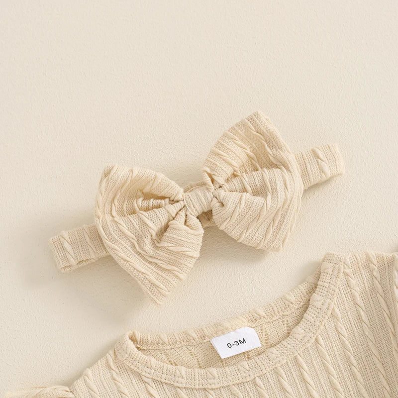 Adorable Baby Girls 3-Piece Ribbed Ruffled Romper Set with Bow, Headband, and Stockings