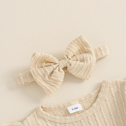 Adorable Baby Girls 3-Piece Ribbed Ruffled Romper Set with Bow, Headband, and Stockings