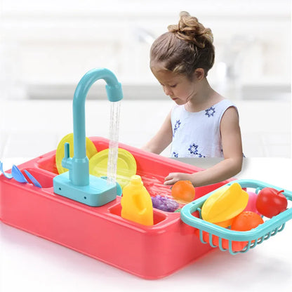 Kids Electric Dishwashing Playset - Water Simulation Sink Toy for Role-Playing Housework Activities