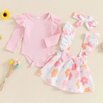 Adorable Baby Girls' Fall Outfit Set with Long Sleeve Bodysuit, Bow Suspender Skirt, and Matching Headband
