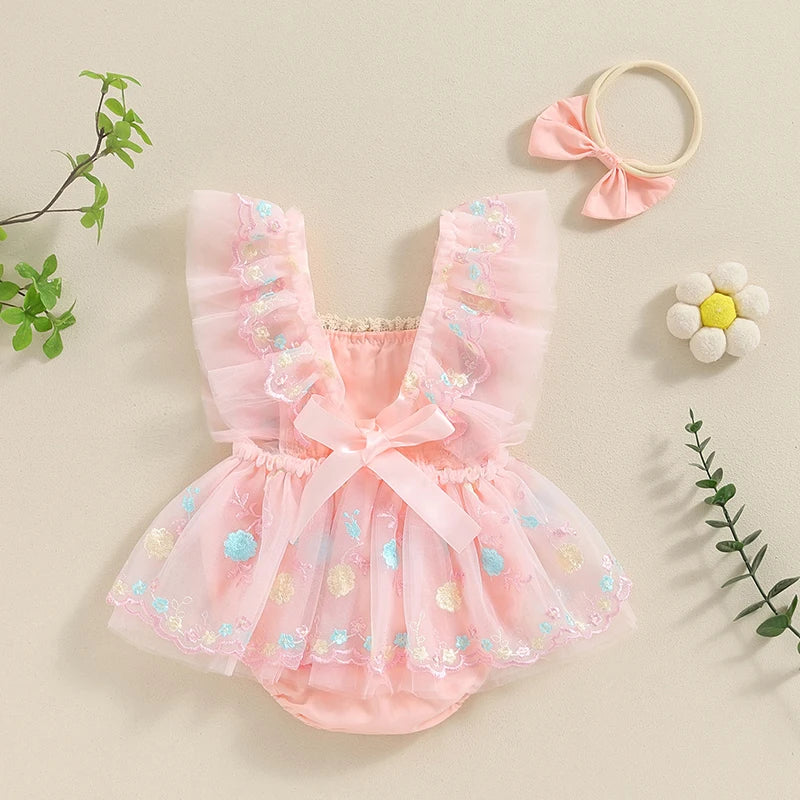 Adorable Summer Baby Girl Floral Embroidery Romper Dress with Headband - Princess Mesh Jumpsuit for Infants