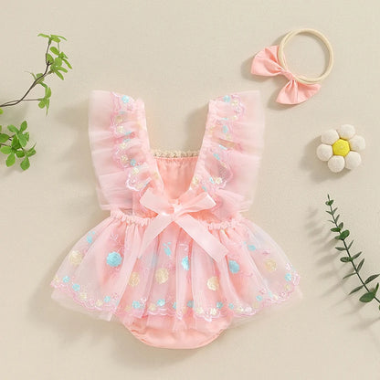 Adorable Summer Baby Girl Floral Embroidery Romper Dress with Headband - Princess Mesh Jumpsuit for Infants