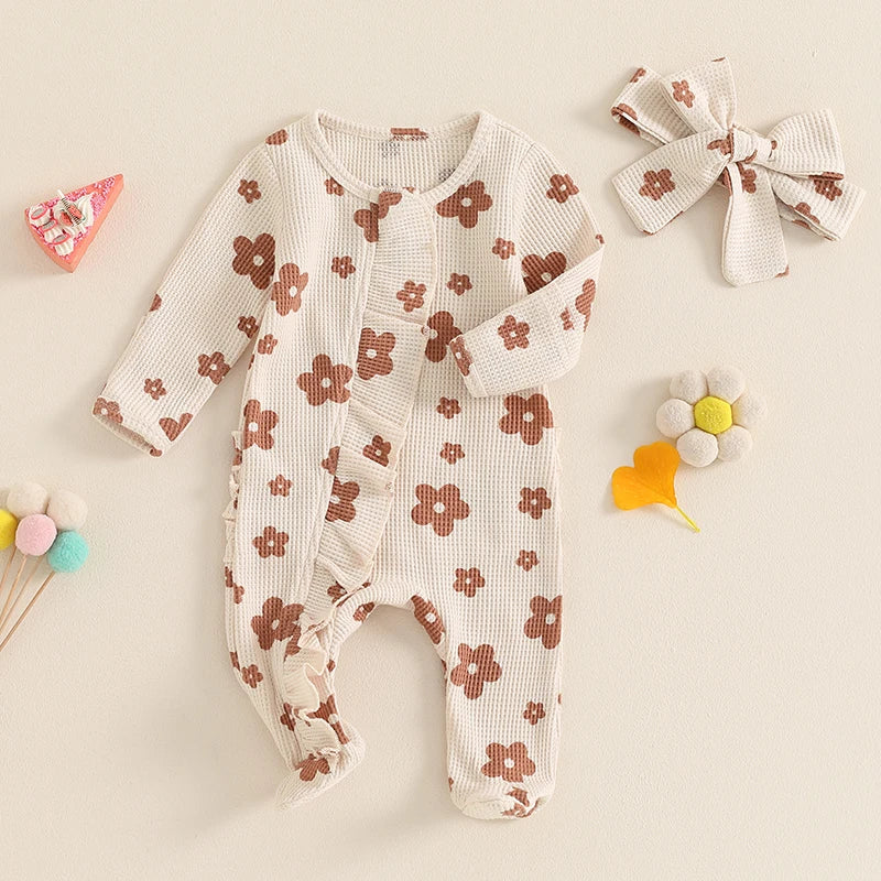Adorable Autumn Baby Girls Ruffled Cotton Long Sleeve Zipped Romper Jumpsuit with Matching Headband
