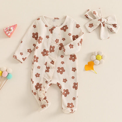 Adorable Autumn Baby Girls Ruffled Cotton Long Sleeve Zipped Romper Jumpsuit with Matching Headband