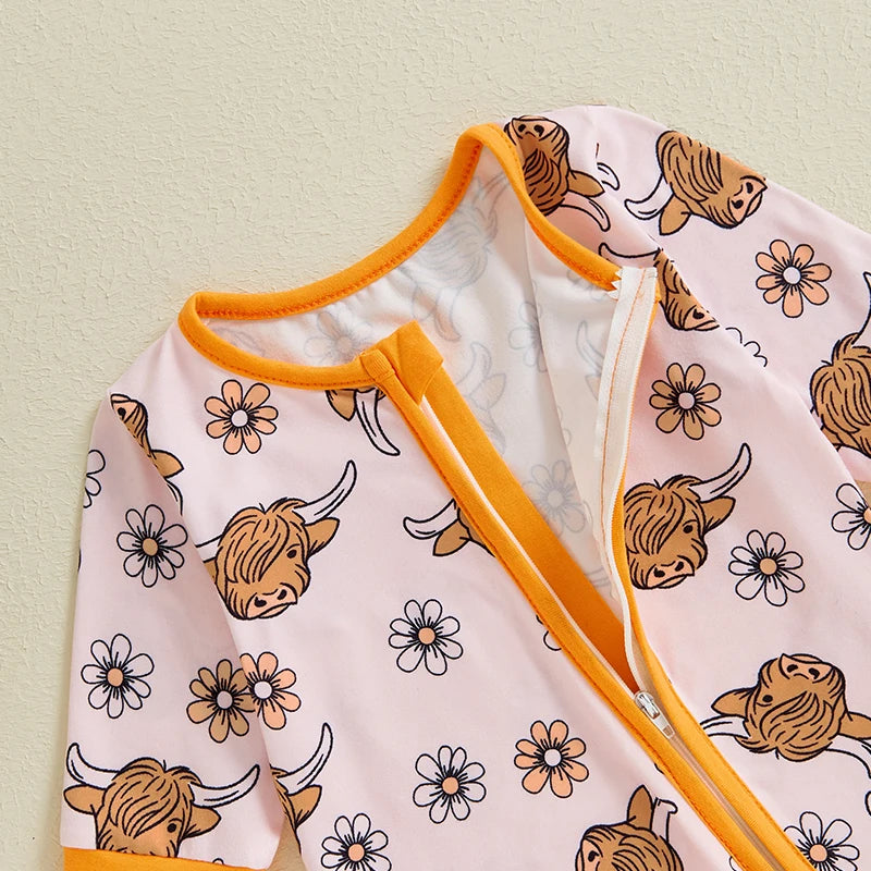 Adorable Highland Cow Print Long Sleeve Baby Girl Romper for Autumn and Spring
