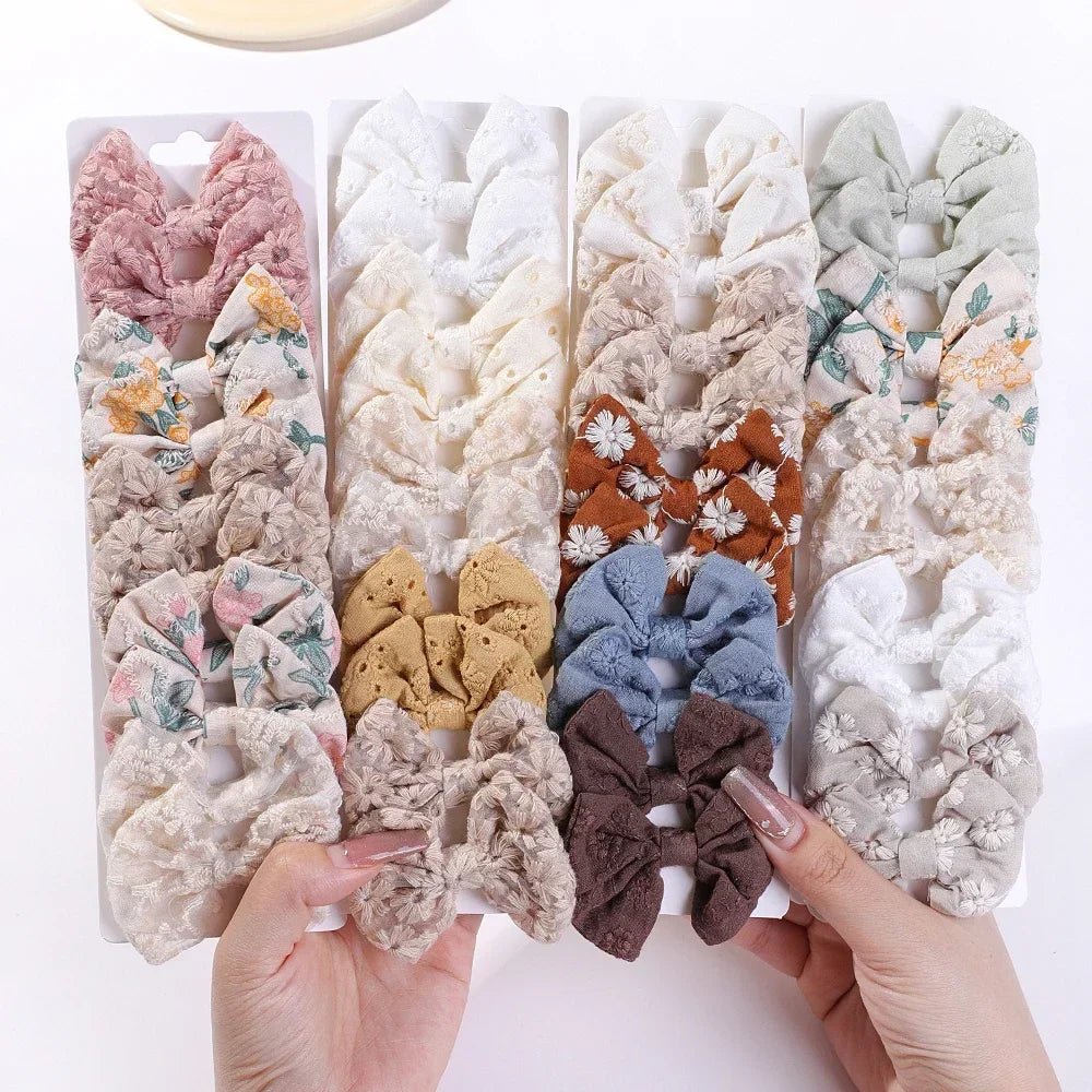 10-Piece Handmade Baby Hair Bows Set with Cotton Embroidery Clips for Girls