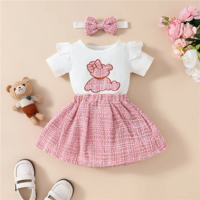 Adorable Baby Girls 3-Piece Skirt Set with Bear Embroidery Romper, Bow Mini Skirt, and Headband for Summer