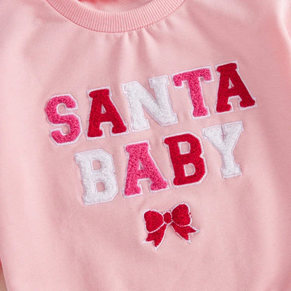 Adorable Baby Girls Christmas Long Sleeve Romper with Embroidered Letter Bow for Newborns