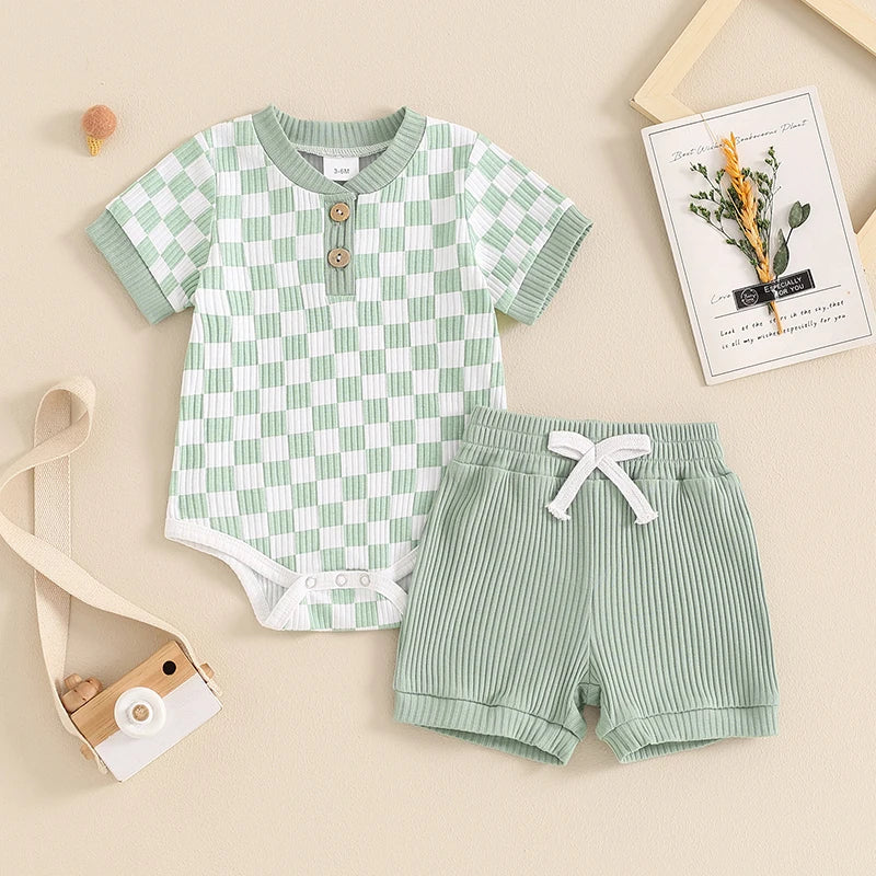 Trendy Baby Boys Summer Ribbed Checkerboard Bodysuit and Shorts Set (0-18 Months)
