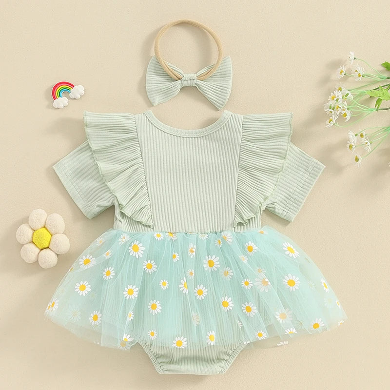 Adorable Baby Girl 2-Piece Daisy Print Summer Romper Dress Set with Matching Headband