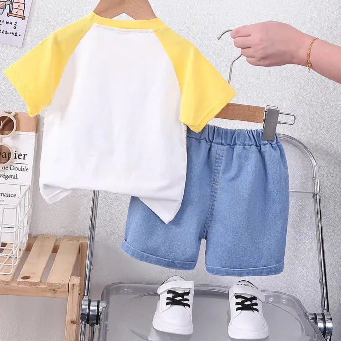 Adorable 2023 Summer Cartoon Crocodile T-Shirt and Denim Shorts Set for Baby Boys