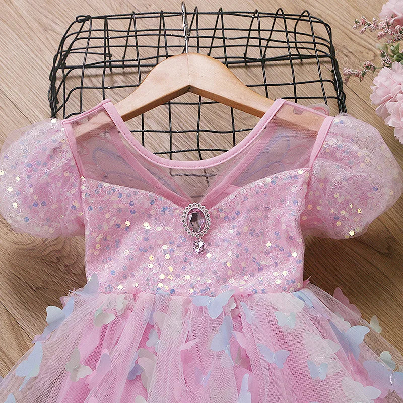 Girls' Summer Butterfly Wings Fairy Tulle Dress with Puff Sleeves for Birthday Parties