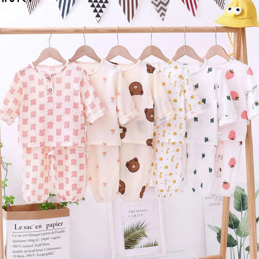 Summer Cartoon Print Cotton Pajamas for Kids - Three-Quarter Sleeve Top and Pants Set for Boys and Girls