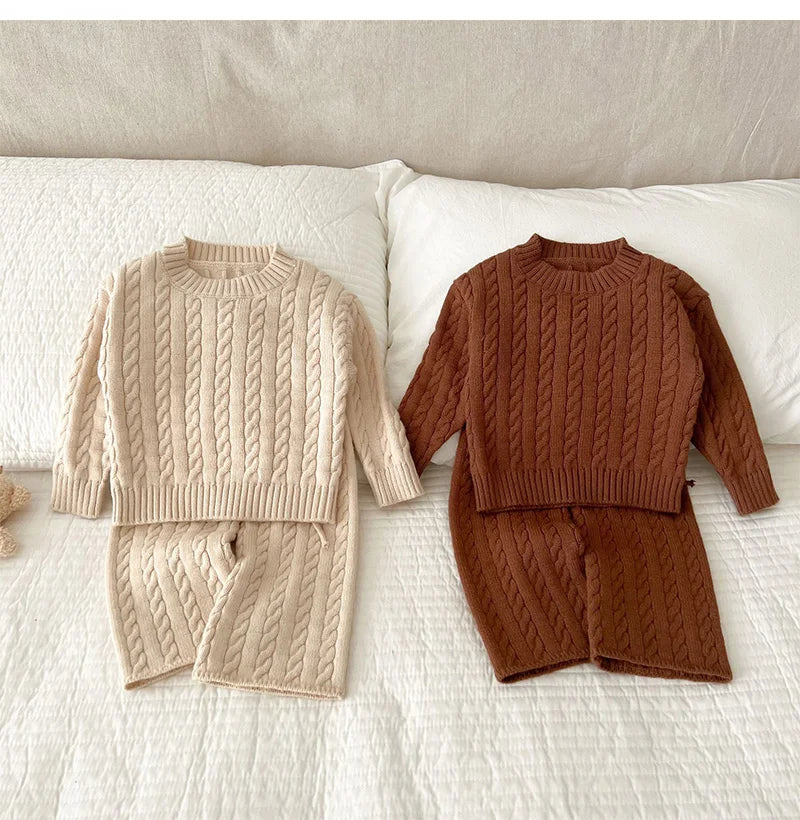 Unisex Cotton Knit Set for Kids - Solid Color Sweater and Pants Outfit for Spring and Autumn