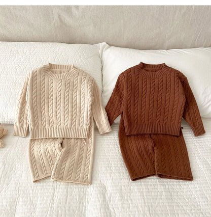 Unisex Cotton Knit Set for Kids - Solid Color Sweater and Pants Outfit for Spring and Autumn