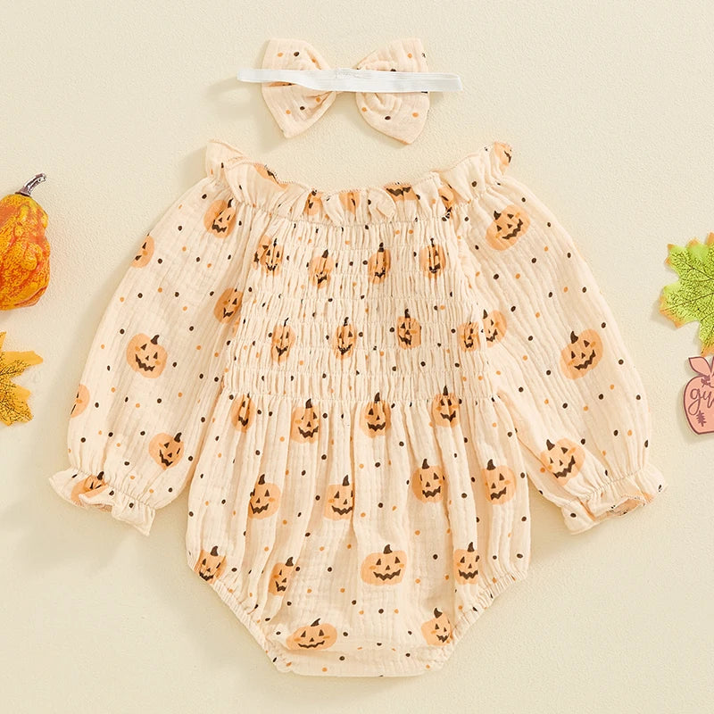 Adorable Baby Girls Pumpkin Print Halloween Ruffle Collar Romper with Matching Headband