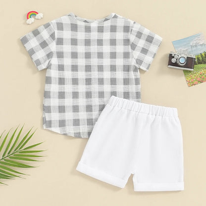 Summer Plaid Short Sleeve Top & Elastic Waist Shorts Set for Toddler Boys