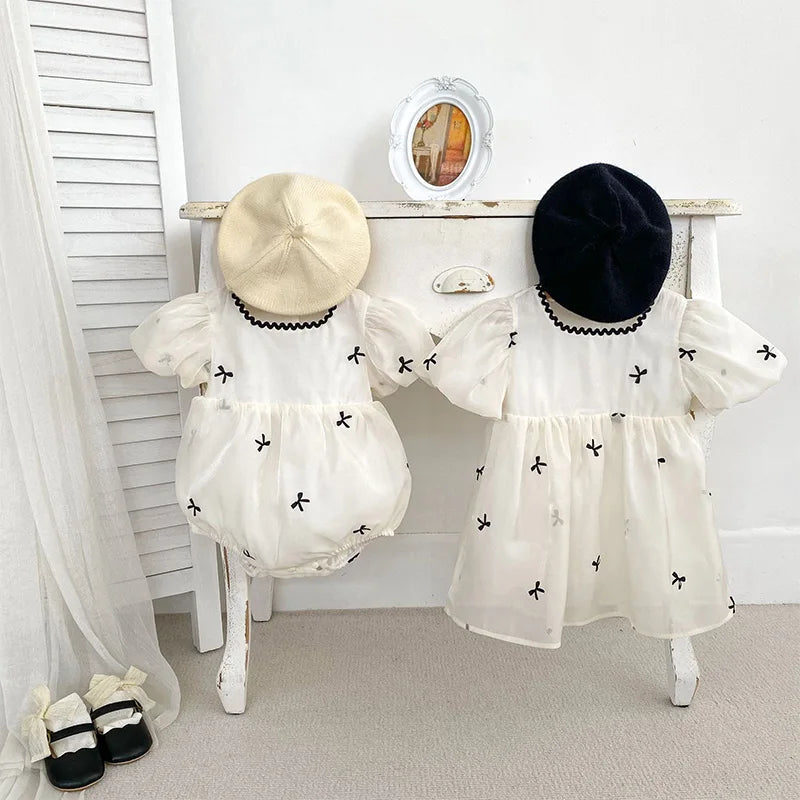 Summer Sisters Infant Bow Puff Sleeve Dress - Breathable Newborn Romper for Girls, Perfect for Summer Gifts