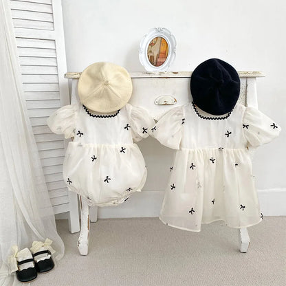 Summer Sisters Infant Bow Puff Sleeve Dress - Breathable Newborn Romper for Girls, Perfect for Summer Gifts