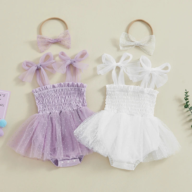 Adorable Baby Girl Summer 2-Piece Outfit Set: Sleeveless Smocked Romper Dress with Matching Headband