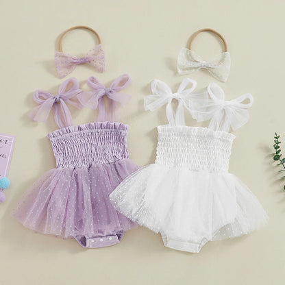 Adorable Baby Girl Summer 2-Piece Outfit Set: Sleeveless Smocked Romper Dress with Matching Headband