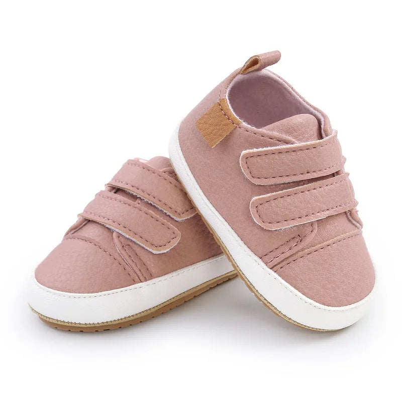 Unisex Baby Leather Sneakers with Anti-Slip Hook and Loop Fasteners for Spring, Summer, and Fall