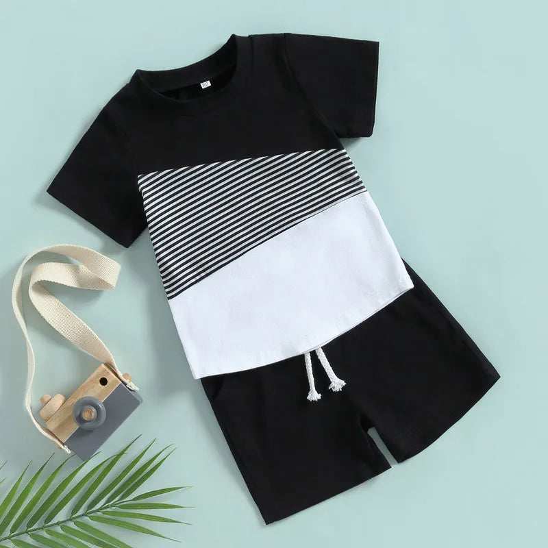 Summer Toddler Outfit for Boys: 2-Piece Short Sleeve Patchwork Tee and Shorts Set (3 Months to 7 Years)