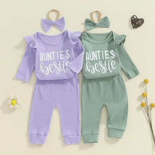Adorable Baby Girls Ribbed 3-Piece Set with Letter Print Romper, Long Trousers, and Matching Hair Band