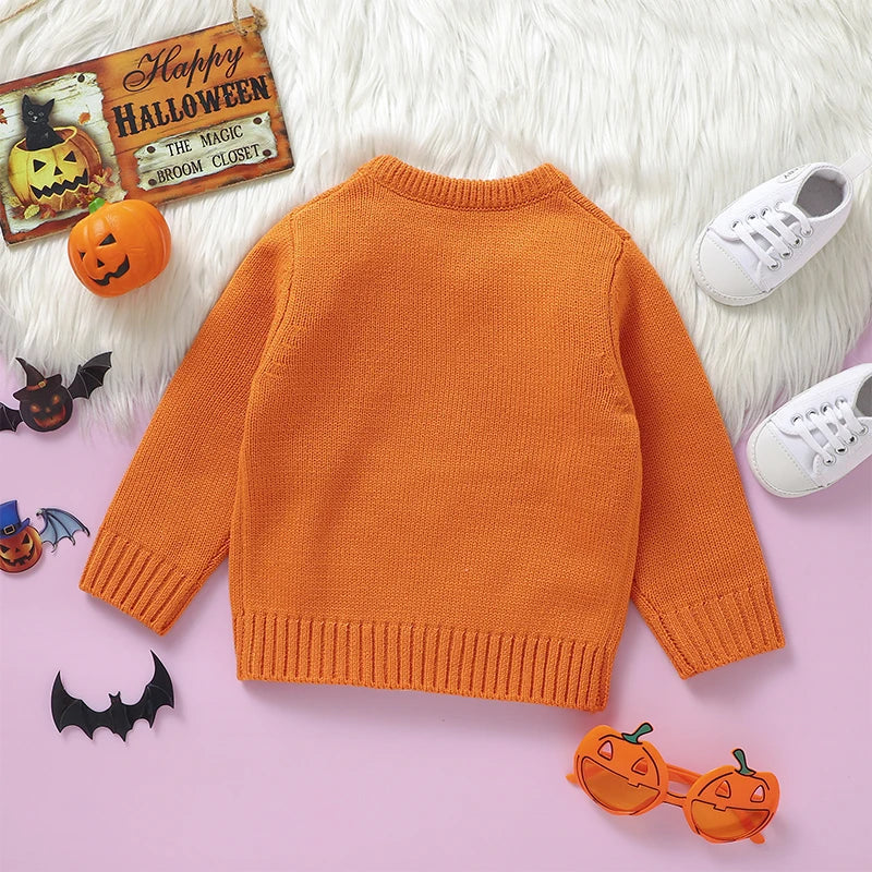 Unisex Toddler Halloween Knit Sweater featuring Witch and Pumpkin Design