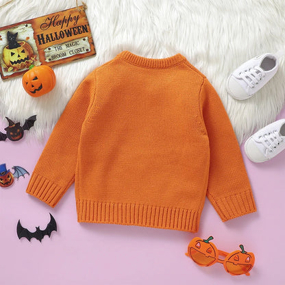 Unisex Toddler Halloween Knit Sweater featuring Witch and Pumpkin Design