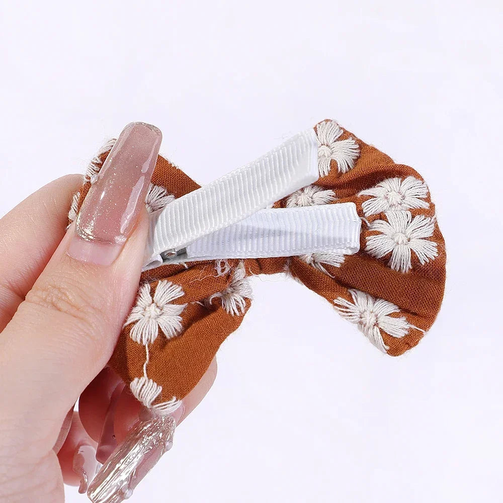 10-Piece Handmade Baby Hair Bows Set with Cotton Embroidery Clips for Girls
