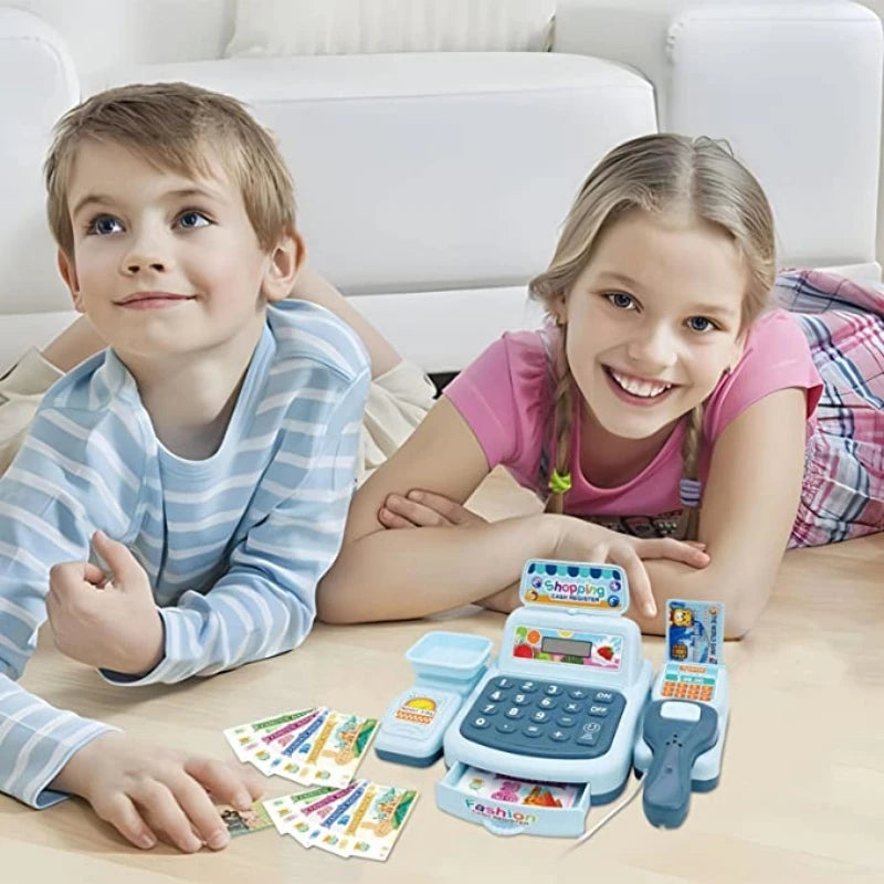 Kids Mini Cash Register Playset with Scanner - Montessori Supermarket Game for Girls and Boys, Interactive Toy with Lights and Sounds, Perfect Birthday Gift for Ages 3-12
